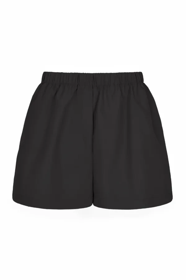Black shorts with an elastic waistband, mid-thigh length as shown.