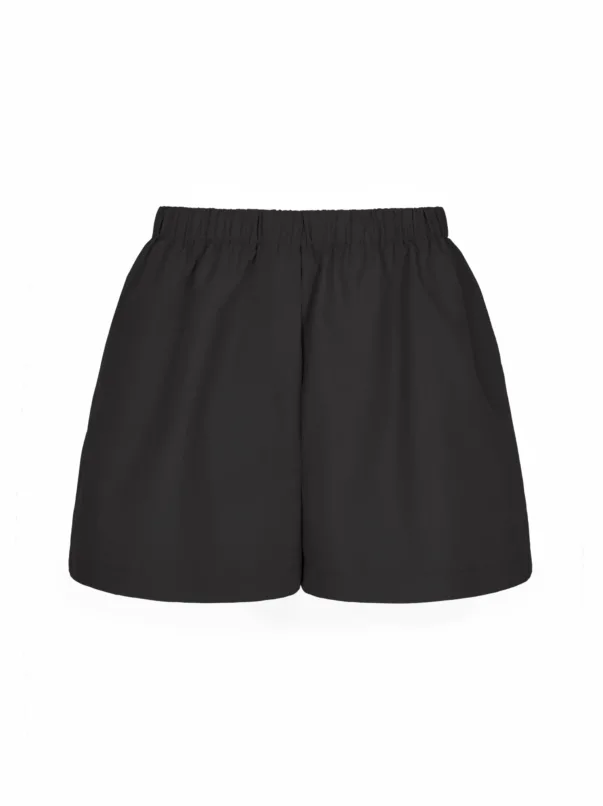 Black shorts with an elastic waistband, mid-thigh length as shown.