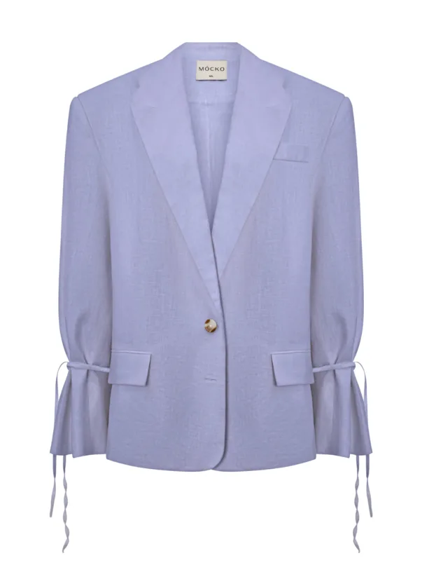Light lavender blazer with notch lapels, single brown button, and belt-tie cuffs against a white background, showing front-close design and pockets, on a mannequin-like form.